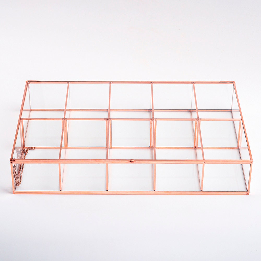 Jewelry Watch Organizer Box Accessories Makeup Copper Rose Glass Wedding Keepsake Geometric Card Reception 12x8x2.5"