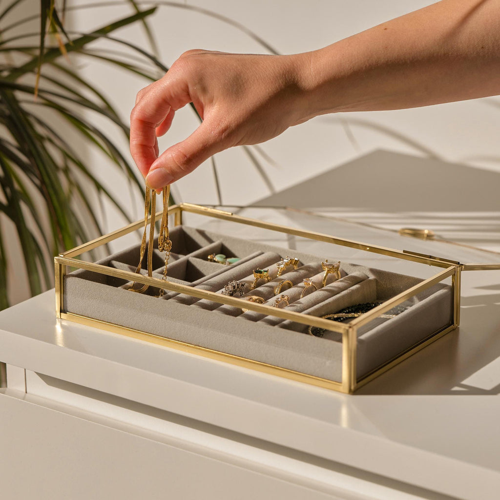 Jewelry Box | Velvet Lined Organizer | Handmade | Brass & Gold Glass | Minimalist | Elegant Storage | Personalized Gift | Valentine’s Day