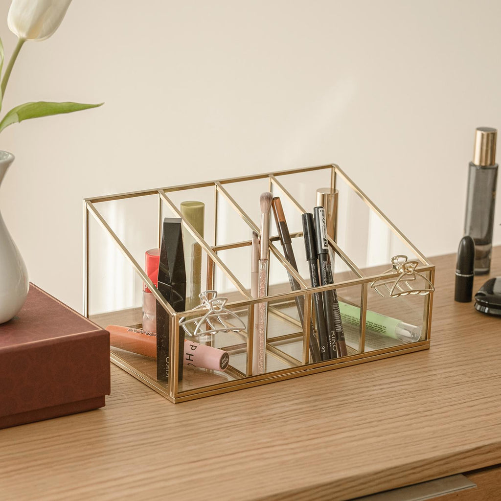 Pen Holder Makeup Jewelry Organizer Box Accessories Gold Brass Glass Wedding Keepsake Geometric Reception 10x6x5" Christmas Gift