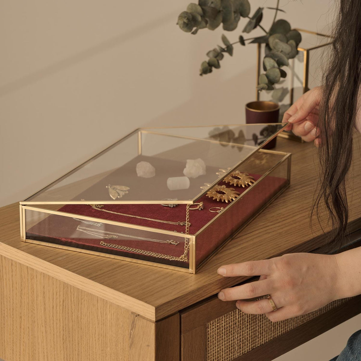 Jewelry Display Showcase | Glass Box | Brass & Gold