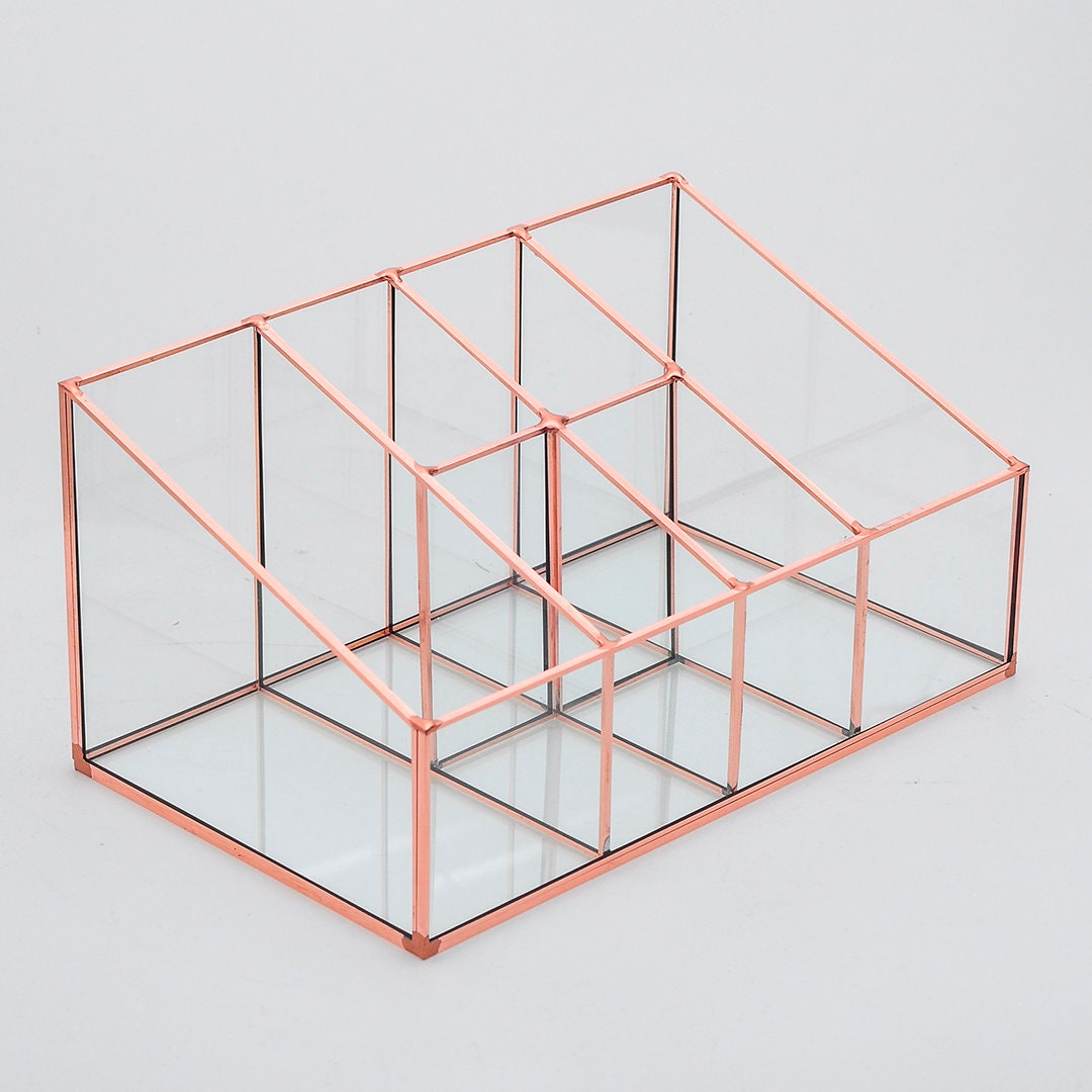 Pen Holder Makeup Jewelry Organizer Box Accessories Copper Rose Glass Wedding Keepsake Geometric Reception 10x6x5" Christmas Gift
