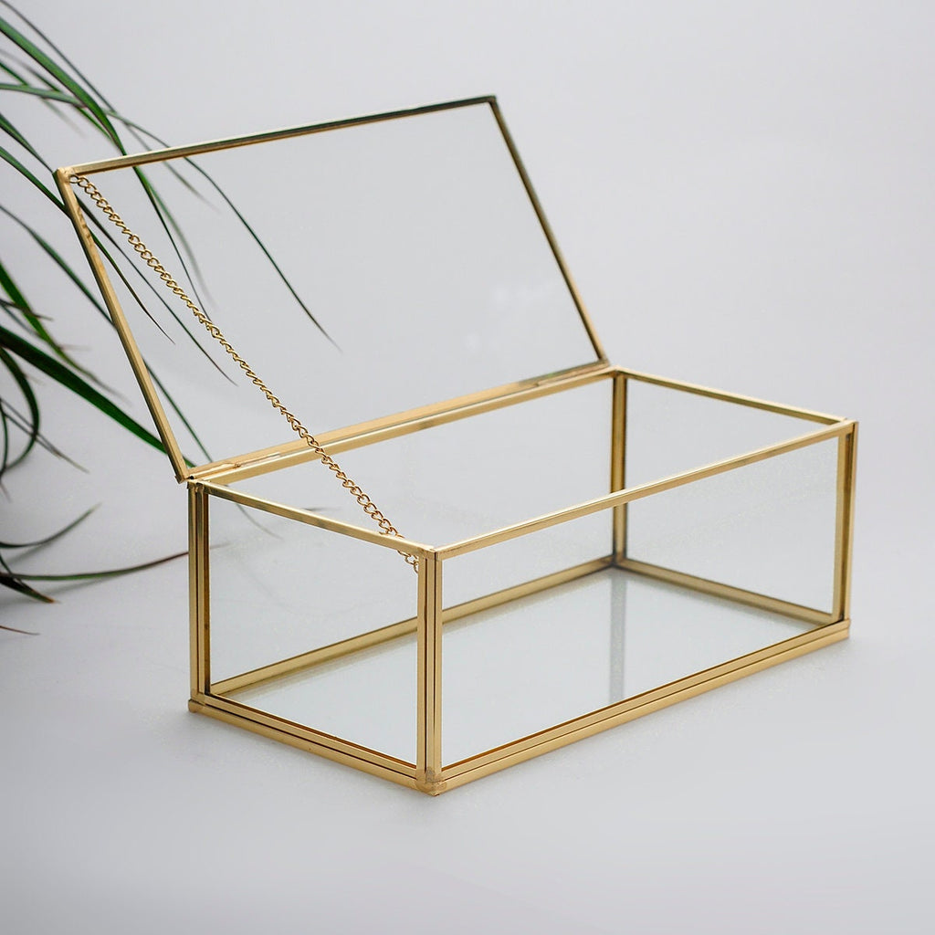 9x5x3" Display Case Glass Photo Box Brass Gold Card Customizable Personalizable Jewelry Wedding Bouquet Keepsake Organizer Christmas Gift