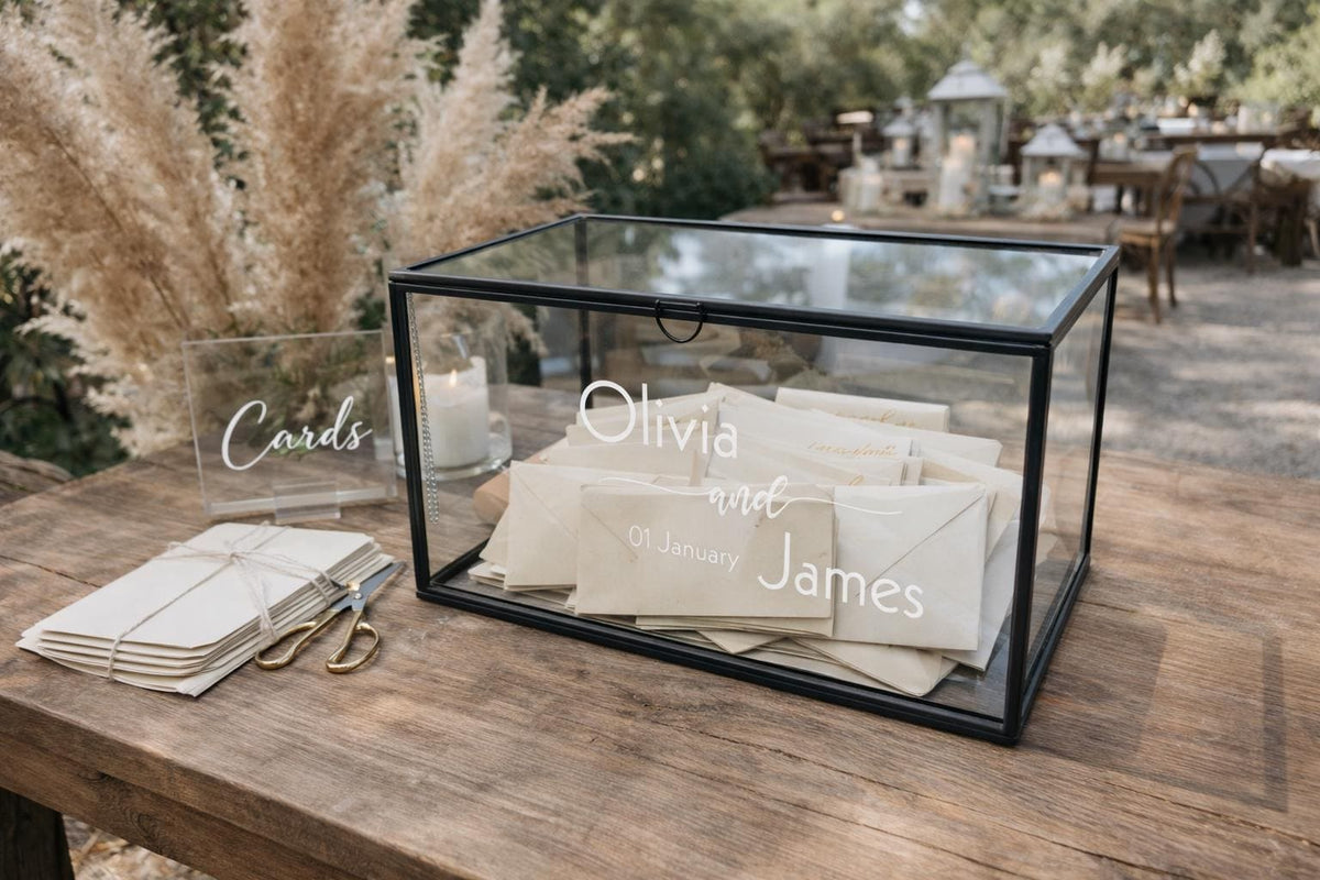 12x8x8" Wedding Card Box Glass Personalized Anthracite Black Memory Photo Gift Display Case Customizable Gold Brass Silver Copper Rose