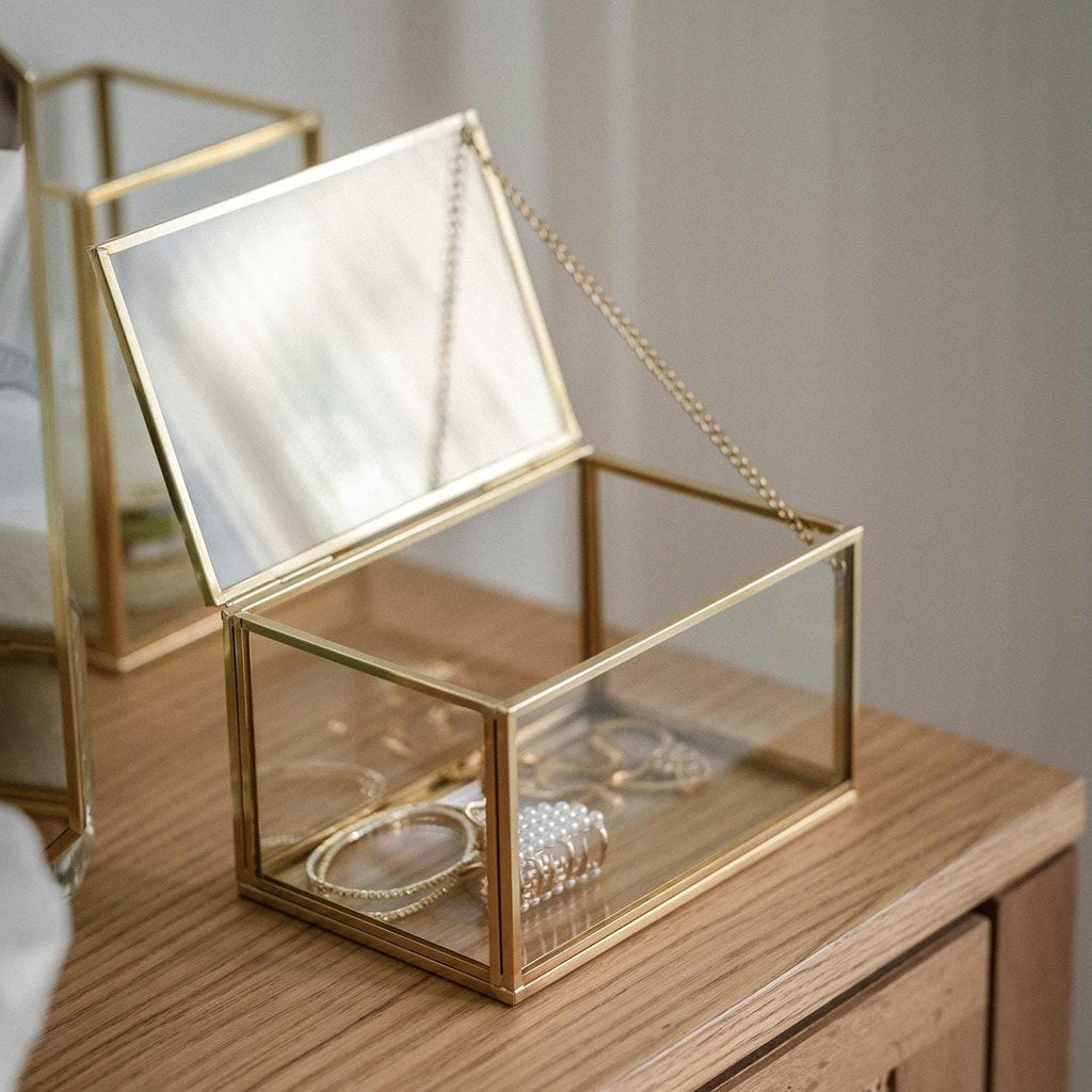 Ring Jewelry Accessories Box Glass Brass Gold 6x4x3"