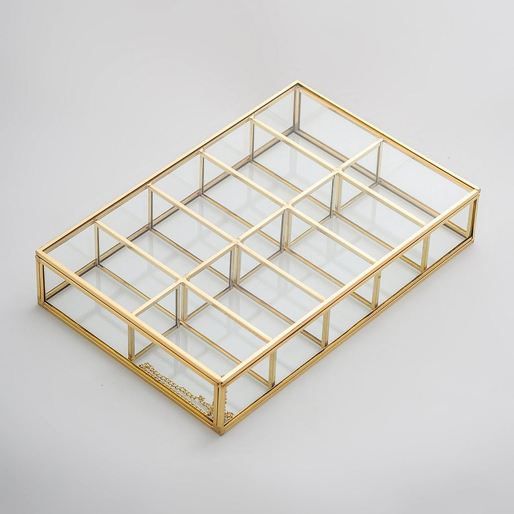 Jewelry Watch Organizer Box Accessories Makeup Gold Brass Glass Wedding Keepsake Geometric Card Reception 12x8x2"