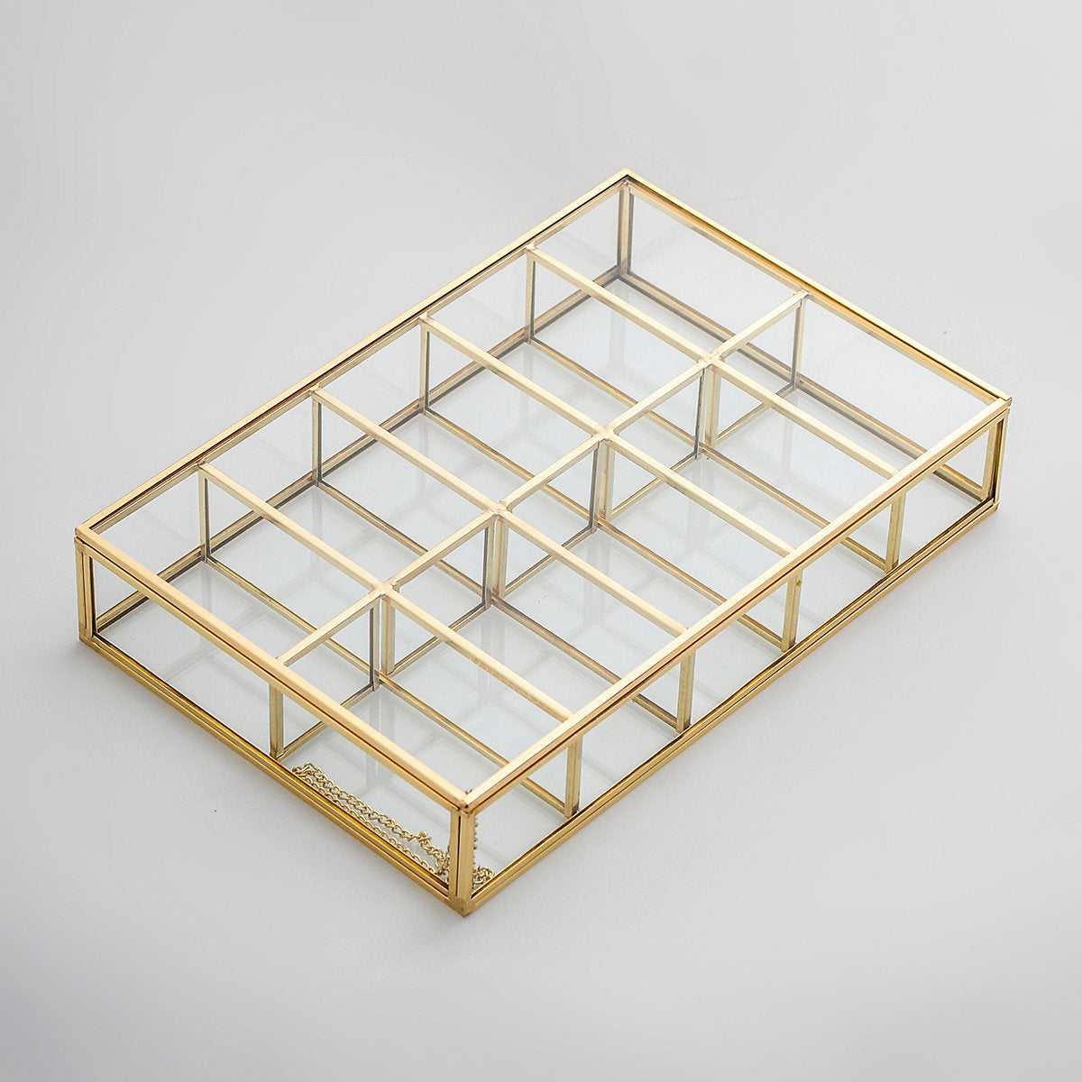 Jewelry Watch Organizer Box Accessories Makeup Gold Brass Glass Wedding Keepsake Geometric Card Reception 12x8x2"