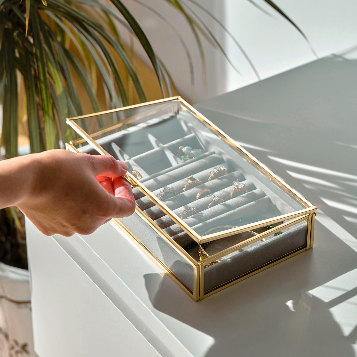 Jewelry Box | Velvet Lined Organizer | Handmade | Brass & Gold Glass | Minimalist | Elegant Storage | Personalized Gift | Valentine’s Day