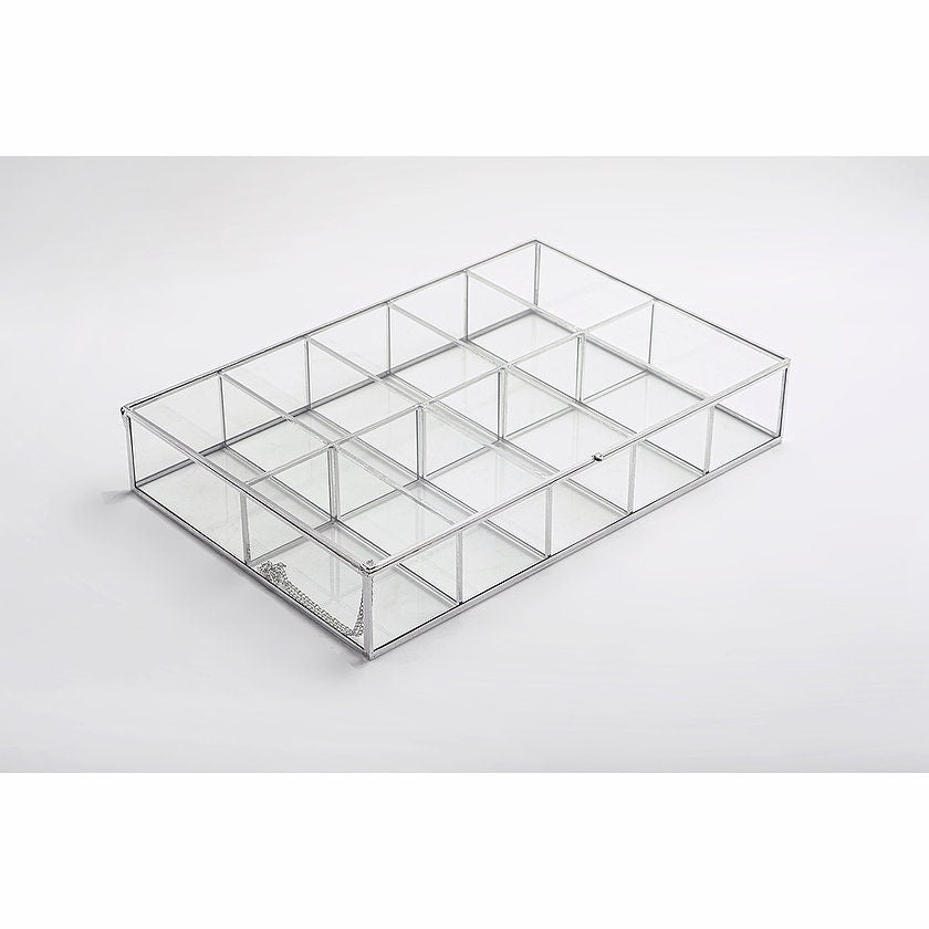 Jewelry Watch Organizer Box Accessories Makeup Silver Glass Wedding Keepsake Geometric Card Reception 12x8x2.5"