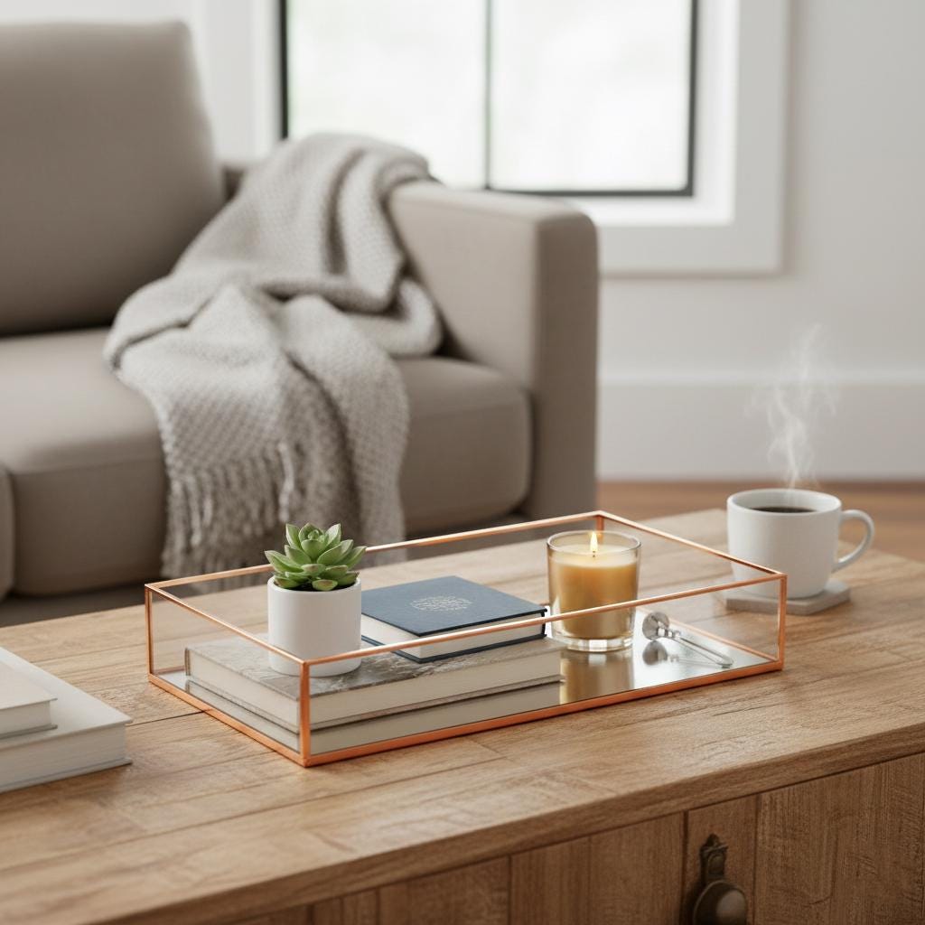 Tray Glass Copper Rose Gold Brass Black Makeup Organizer Perfect Home Decor Elegant Stylish Design