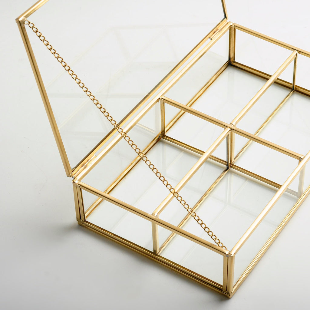 Jewelry Watch Organizer Box Accessories Makeup Gold Brass Glass Wedding Keepsake Geometric Card Reception 10x6x2"