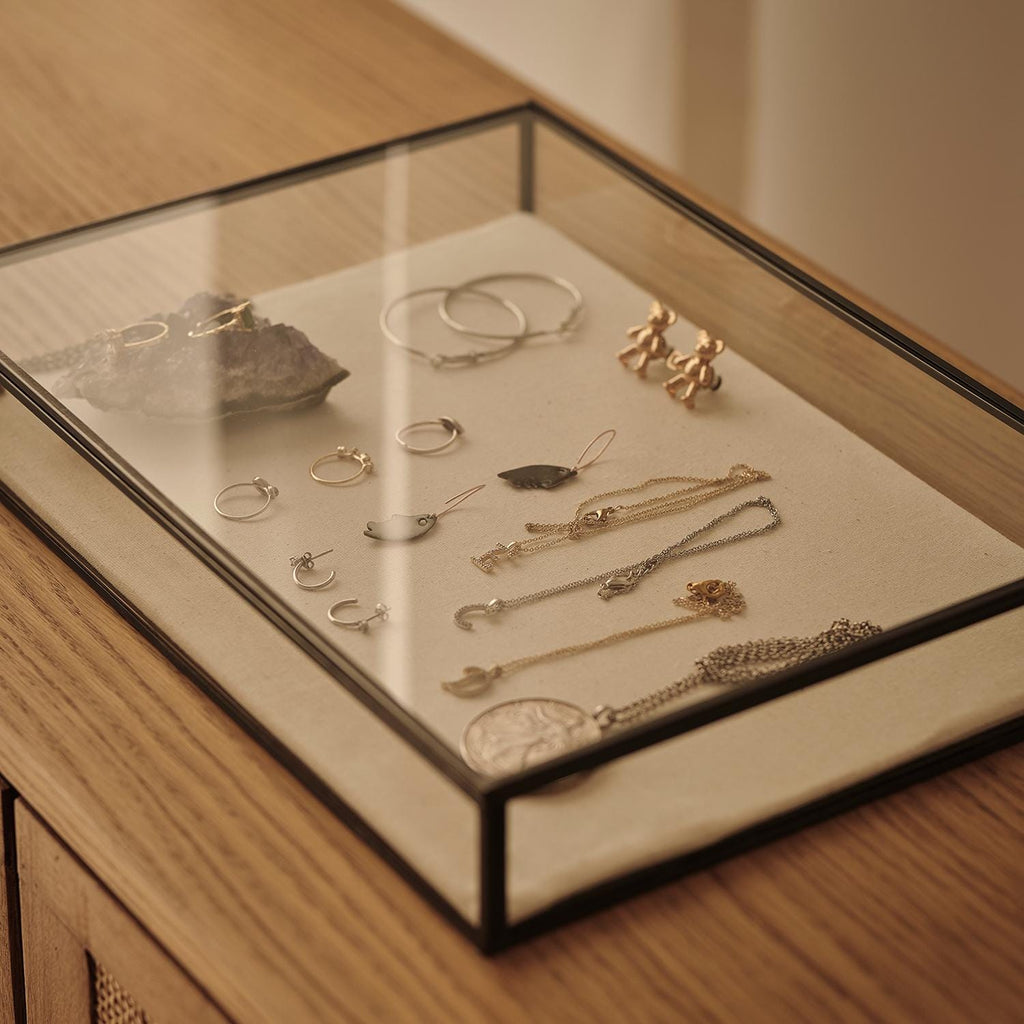 Elegant JEWELRY DISPLAY SHOWCASE Box – Unique Handmade Black Brass Display Case - Minimalist Linen Based Jewelry Organizer Or Box For Gift
