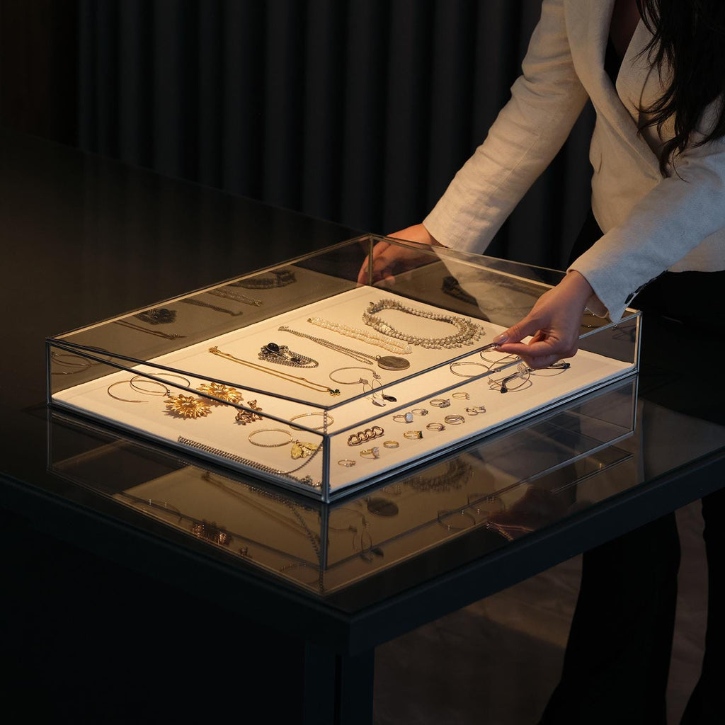 Jewelry Display Case | Glass Showcase Cabinet | Large Counter Stand | Silver | Necklace, Bracelet & Wedding Accessory Storage Box