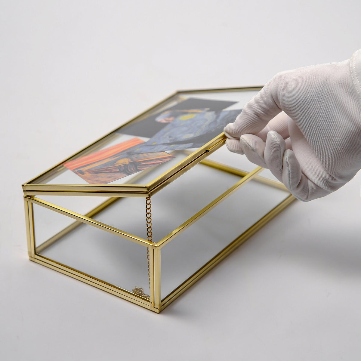 Gold Glass Keepsake Box with Photo Frame Lid, Handmade Brass Jewelry Storage, Pressed Flower Display, Wedding Memory Box