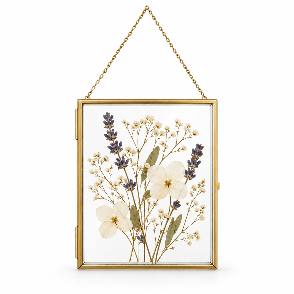 Brass floating glass frame 5x3 in with pressed flowers