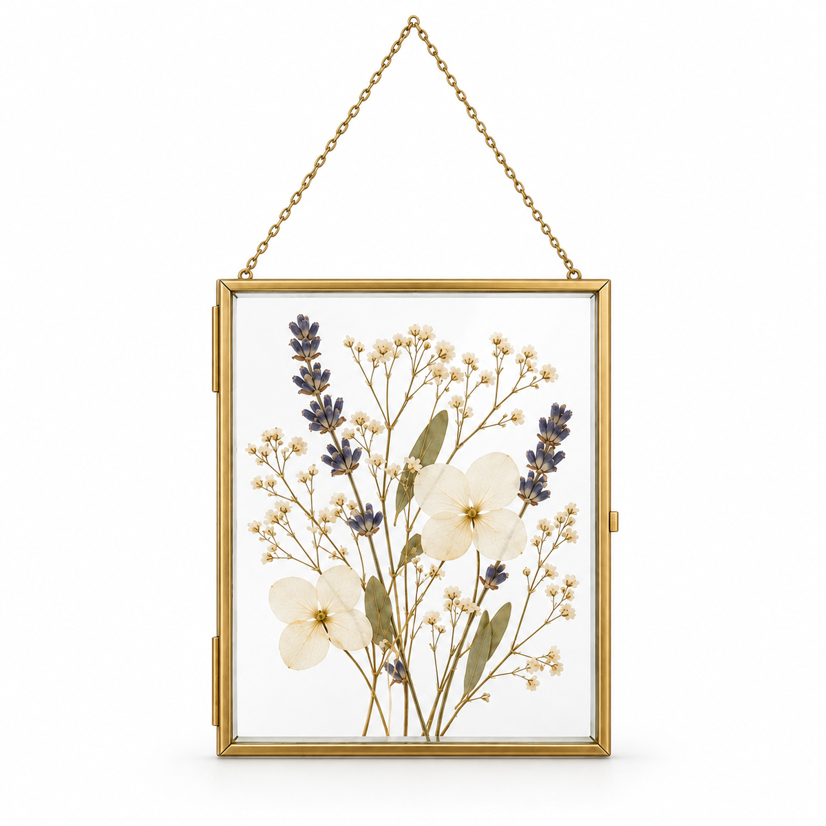 Brass floating glass frame 5x3 in with pressed flowers