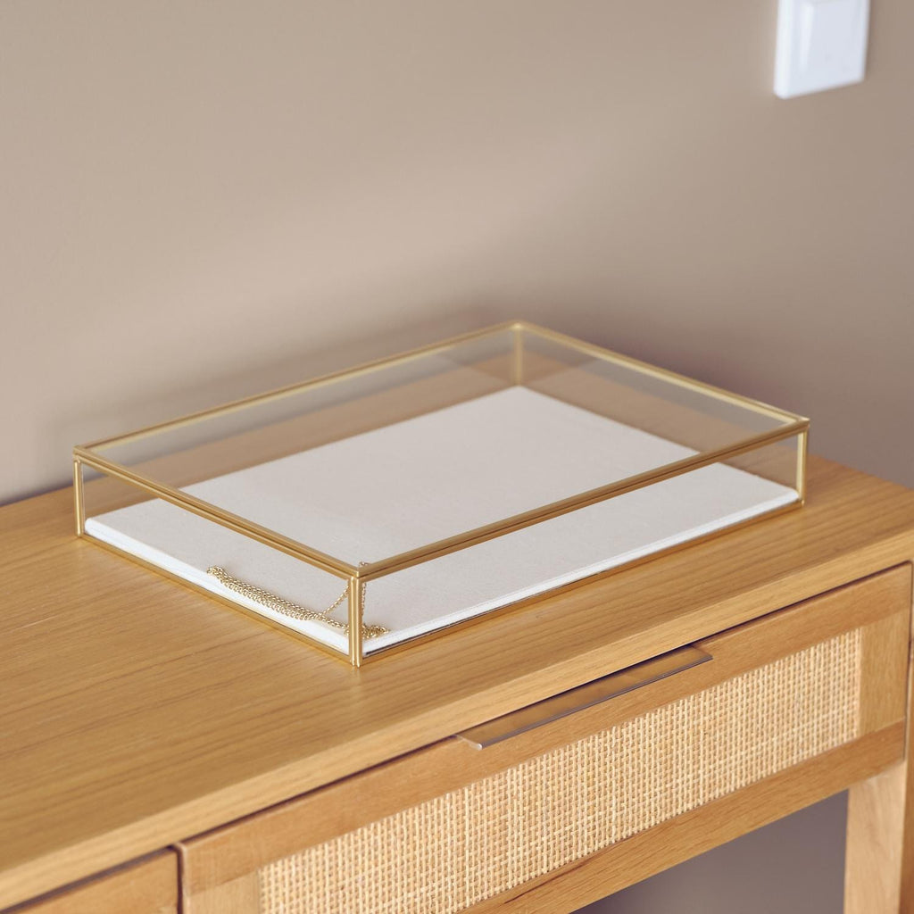 Elegant JEWELRY DISPLAY SHOWCASE Box – Unique Handmade Gold Brass Display Case - Minimalist Linen Based Jewelry Organizer Or Box For Gift