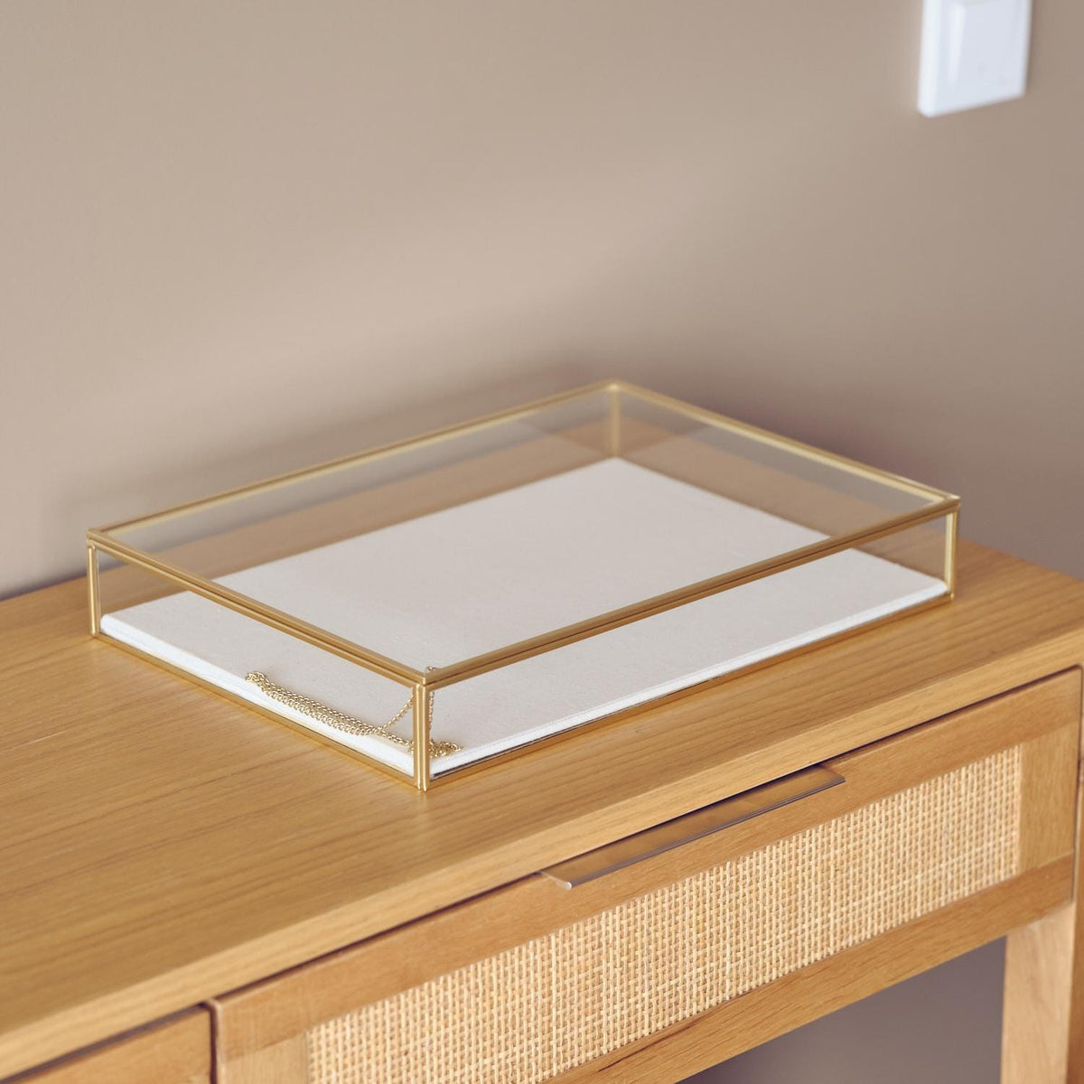 Elegant JEWELRY DISPLAY SHOWCASE Box – Unique Handmade Gold Brass Display Case - Minimalist Linen Based Jewelry Organizer Or Box For Gift