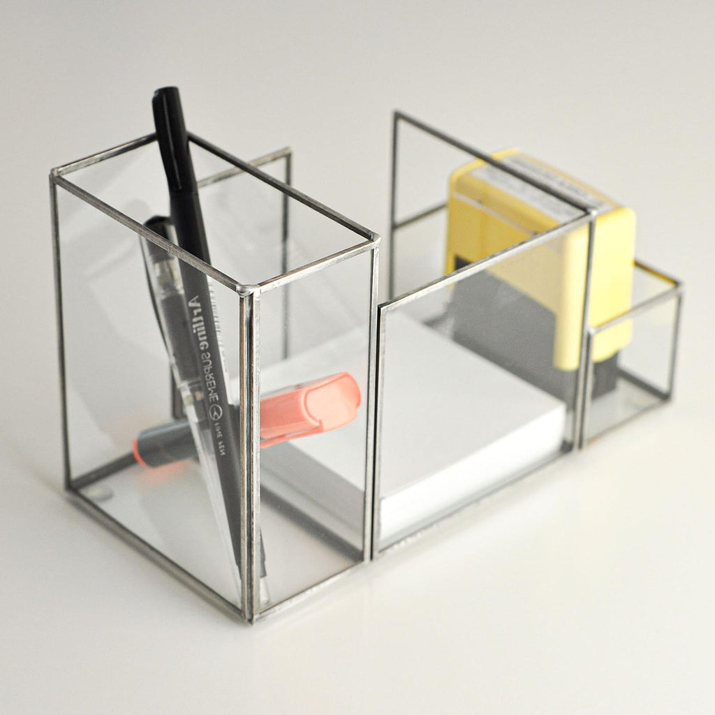 8x4x5" Pen Holder Office Decoration Makeup Organizer Black Glass Accessories Geometric Christmas Gift