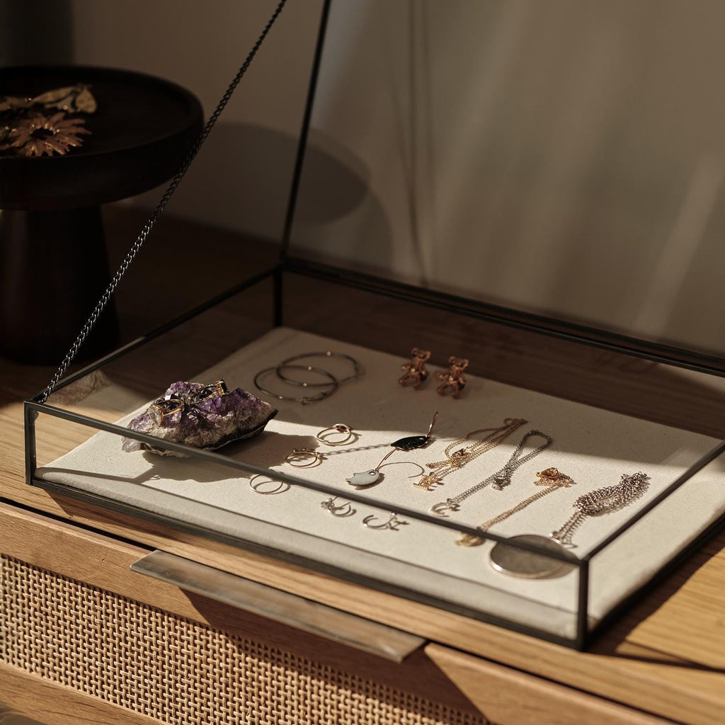 Elegant JEWELRY DISPLAY SHOWCASE Box – Unique Handmade Black Brass Display Case - Minimalist Linen Based Jewelry Organizer Or Box For Gift