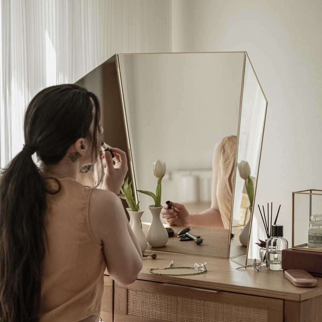 34x24" | Vanity Makeup Mirror | Brass Desktop | Gold Decorative | Tabletop Desk | Scandinavian | Portable Bedroom | Bohemian Modern