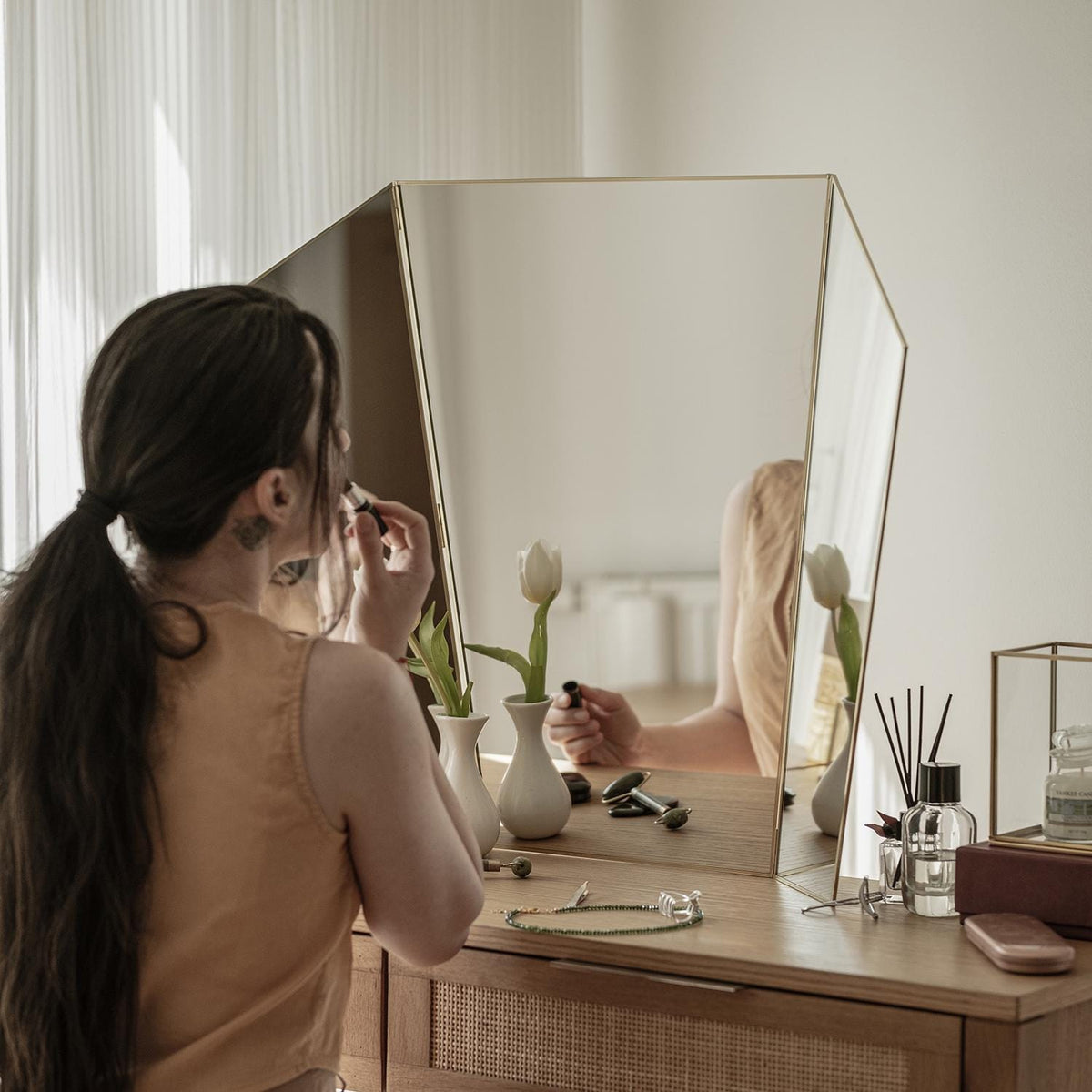 34x24" | Vanity Makeup Mirror | Brass Desktop | Gold Decorative | Tabletop Desk | Scandinavian | Portable Bedroom | Bohemian Modern