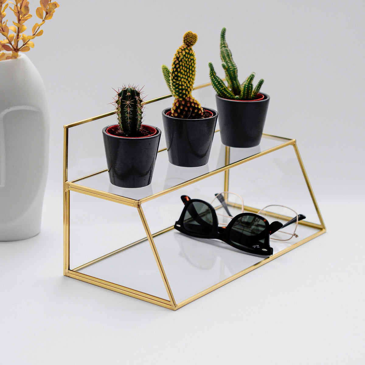 Pen Holder Makeup Jewelry Organizer Box Accessories Gold Brass Glass Wedding Keepsake Geometric Reception 12x7x6" Christmas Gift
