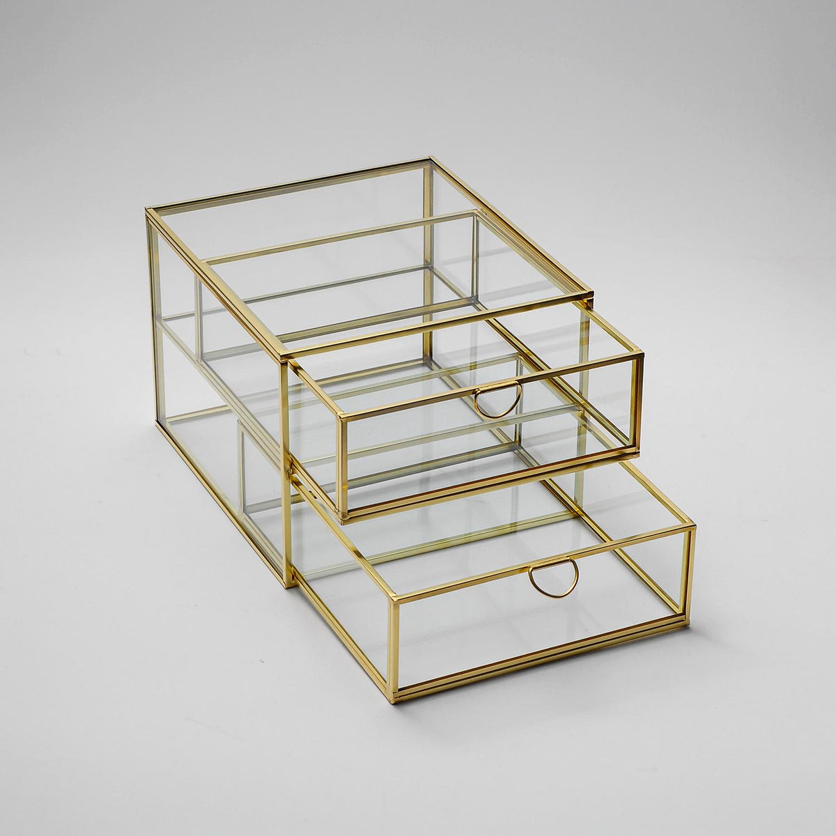 Glass Jewelry Organizer Box with Drawers, Brass Glass Display Case, Luxury Makeup Organizer, Gold Vanity Storage Box, Handmade Glass Box