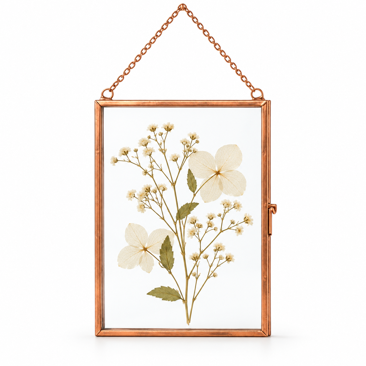 Copper floating glass frame with pressed flowers