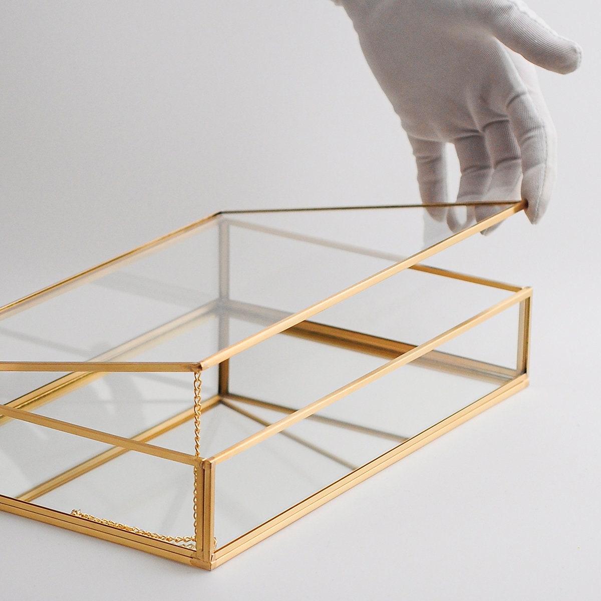 Glass Box Gold Display Case Photo Card Customizable Personalizable Jewelry Wedding Bouquet Keepsake Organizer Makeup Brass Christmas Gift