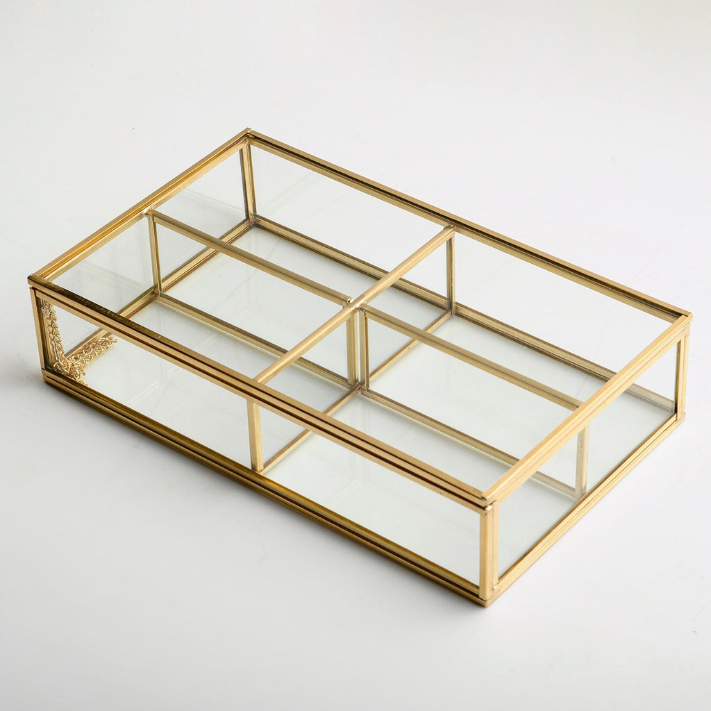 Jewelry Watch Organizer Box Accessories Makeup Gold Brass Glass Wedding Keepsake Geometric Card Reception 10x6x2"