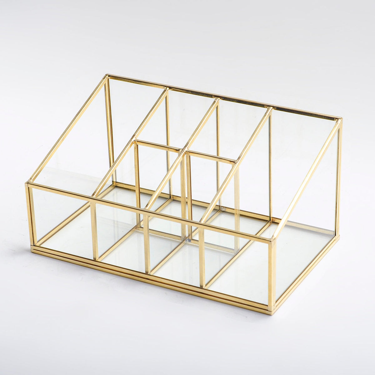 Pen Holder Makeup Jewelry Organizer Box Accessories Gold Brass Glass Wedding Keepsake Geometric Reception 10x6x5" Christmas Gift