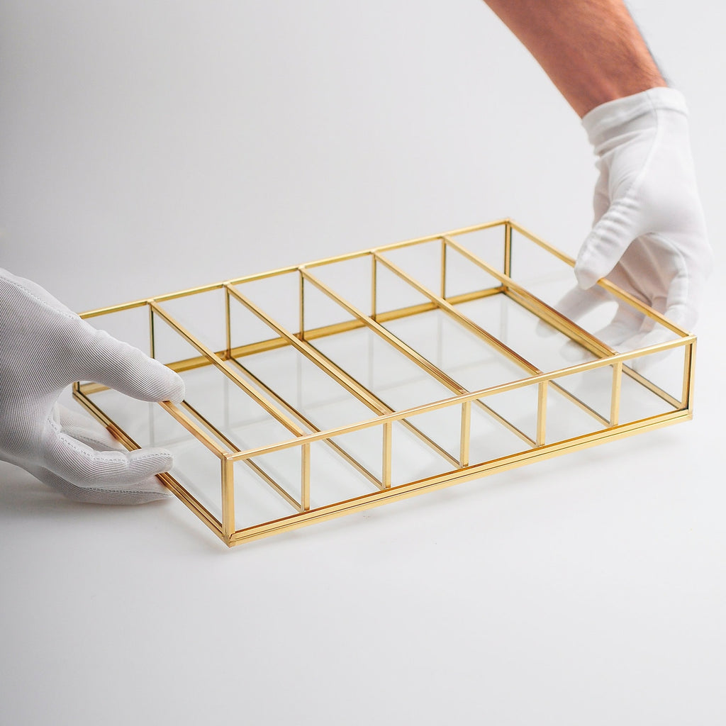 Jewelry Watch Organizer Box Accessories Makeup Gold Brass Glass Wedding Keepsake Geometric Card Reception 12x8x2"