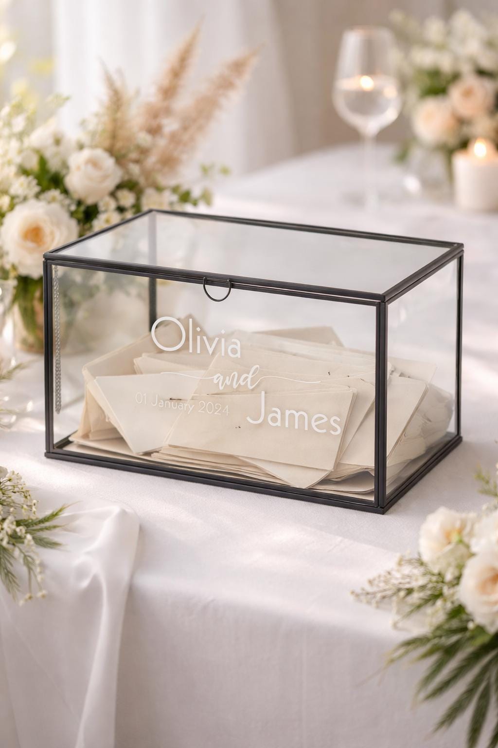 12x8x8" Wedding Card Box Glass Personalized Anthracite Black Memory Photo Gift Display Case Customizable Gold Brass Silver Copper Rose