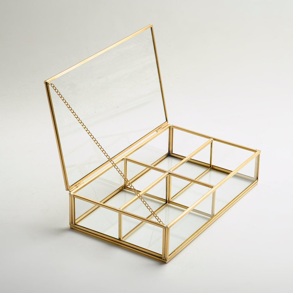 Jewelry Watch Organizer Box Accessories Makeup Gold Brass Glass Wedding Keepsake Geometric Card Reception 10x6x2"
