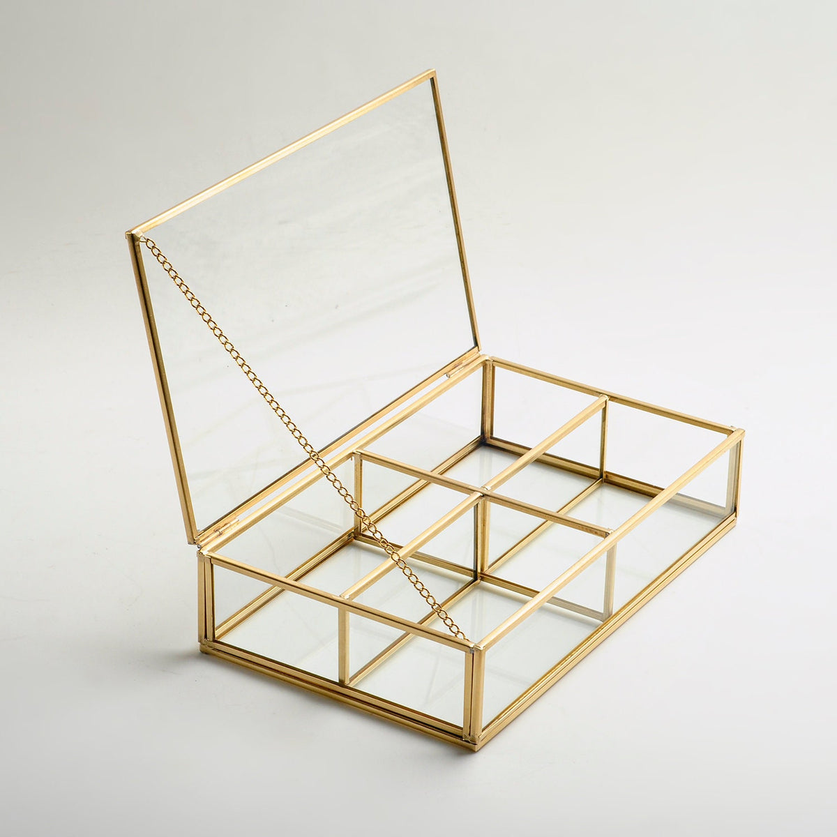 Jewelry Watch Organizer Box Accessories Makeup Gold Brass Glass Wedding Keepsake Geometric Card Reception 10x6x2"