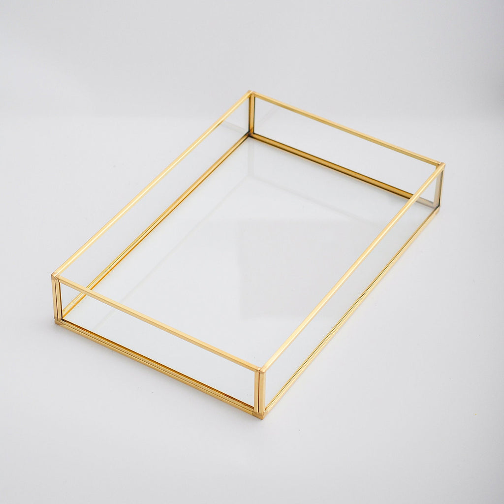 12x8x2" Wedding Tray Makeup Organizer Glass Brass Gold