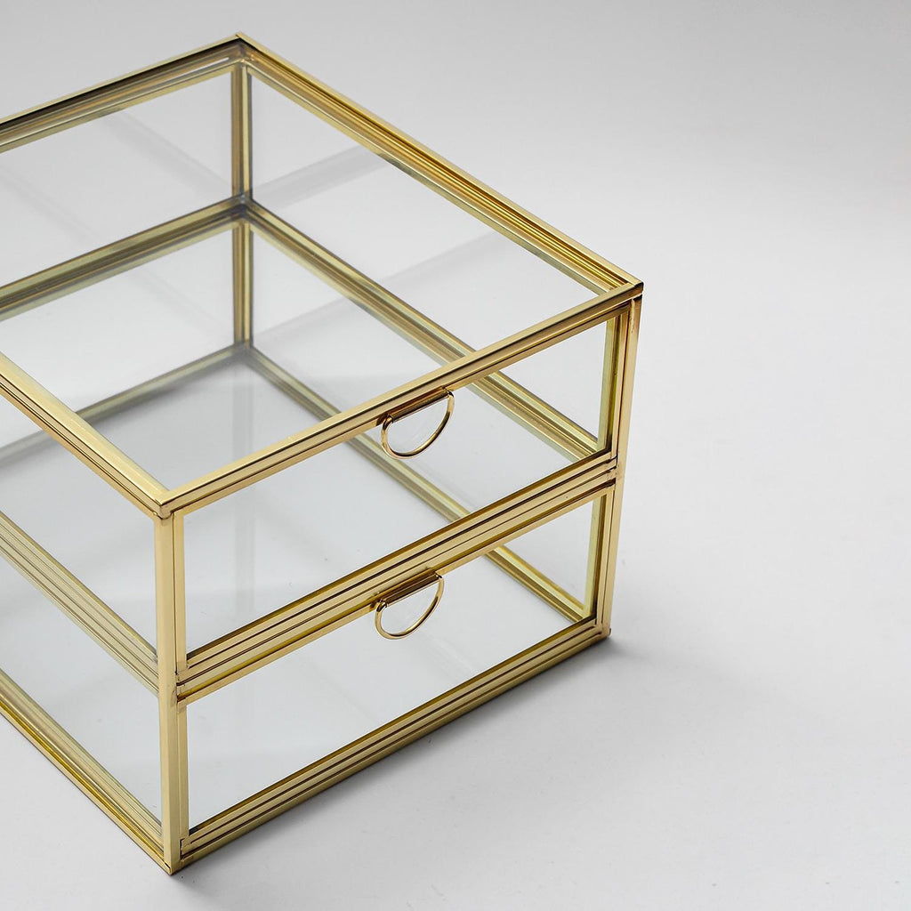Glass Jewelry Organizer Box with Drawers, Brass Glass Display Case, Luxury Makeup Organizer, Gold Vanity Storage Box, Handmade Glass Box