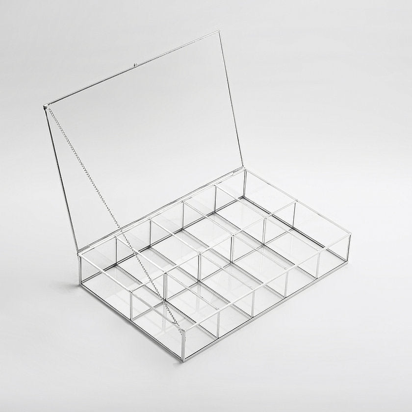 Jewelry Watch Organizer Box Accessories Makeup Silver Glass Wedding Keepsake Geometric Card Reception 12x8x2.5"