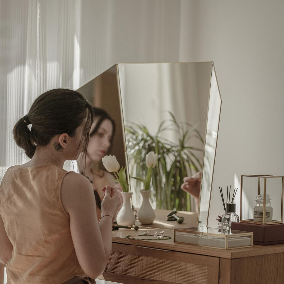 34x24" | Vanity Makeup Mirror | Brass Desktop | Gold Decorative | Tabletop Desk | Scandinavian | Portable Bedroom | Bohemian Modern