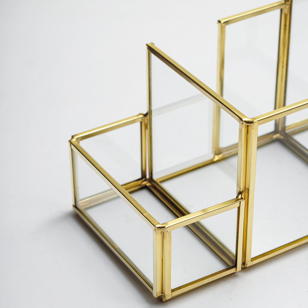 Pen Holder Office Decoration Makeup Organizer Brass Gold Glass Accessories Geometric 8x4x5" Christmas Gift