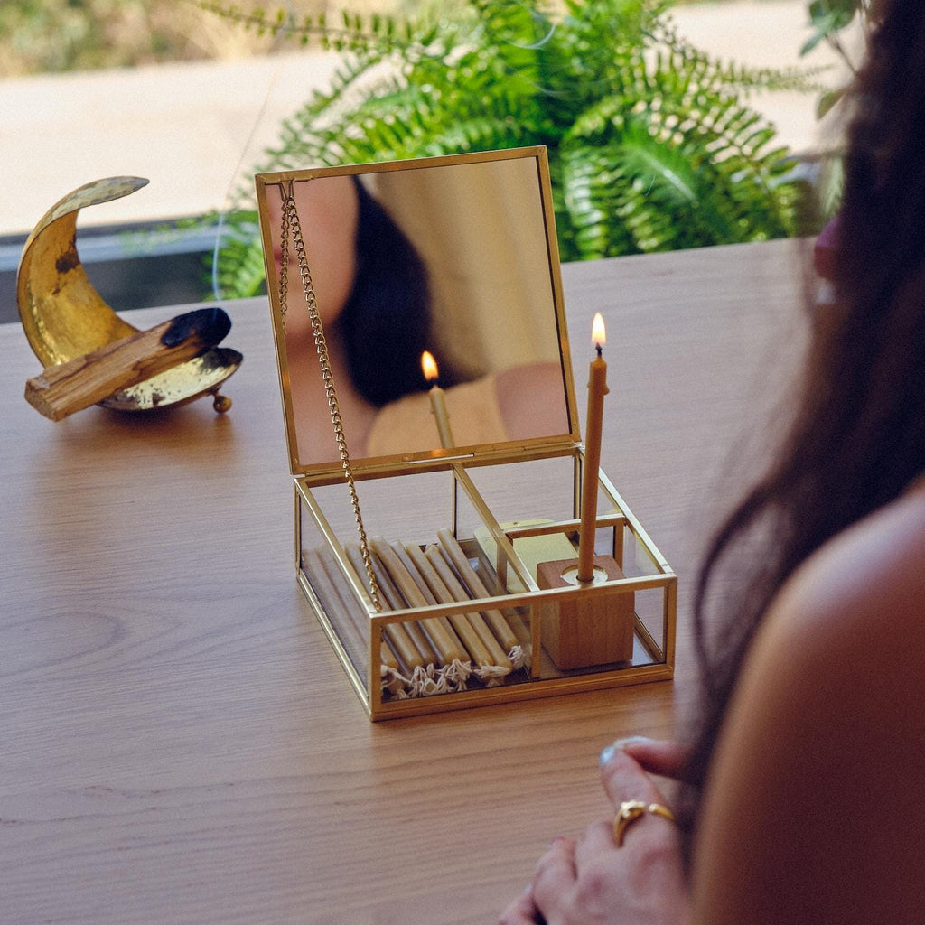 Meditation Box with Mirror | Brass Glass Ritual Box | Candle & Match Holder | Mindfulness Altar Kit | Spiritual Gift