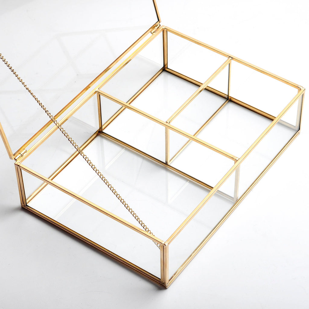 Jewelry Watch Organizer Box Accessories Makeup Gold Brass Glass Wedding Keepsake Geometric Card Reception 12x8x3" Christmas Gift