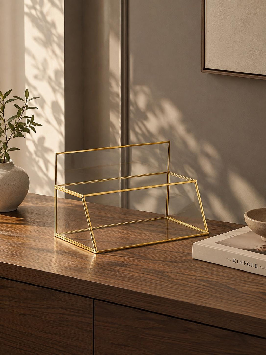 Pen Holder Makeup Jewelry Organizer Box Accessories Gold Brass Glass Wedding Keepsake Geometric Reception 12x7x6" Christmas Gift