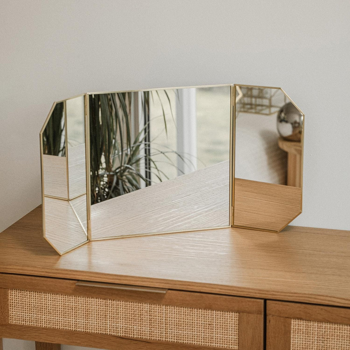 Vanity Makeup Mirror Brass Desktop Tabletop  Desk Gold Decorative Scandinavian Portable Bedroom Bohemian Modern 24x12"