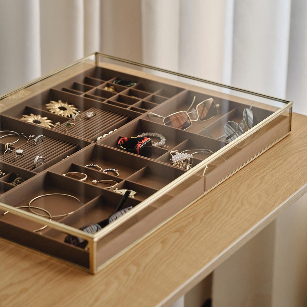 Large Glass Jewelry Box with Removable Organizer Trays, Luxury Brass Jewelry Display Case, Handmade Jewelry Storage Showcase
