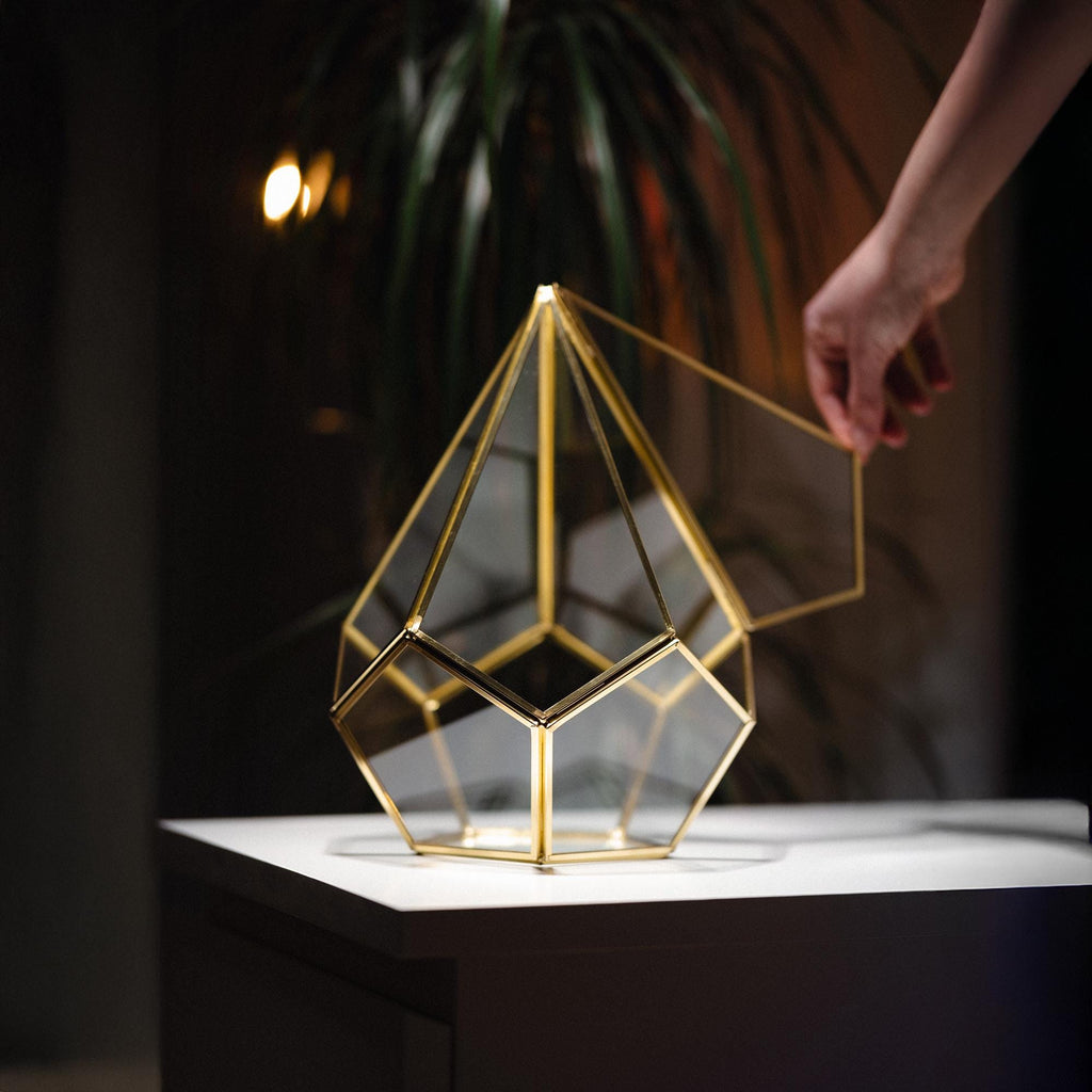 Geometric Glass Terrarium Container | Brass Gold Frame | Large Succulent Planter | Modern Home and Wedding Decor | Unique Gift Idea
