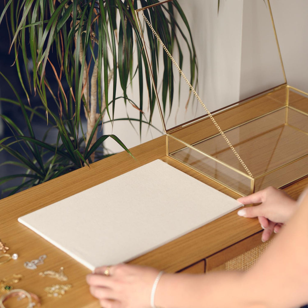 Elegant JEWELRY DISPLAY SHOWCASE Box – Unique Handmade Gold Brass Display Case - Minimalist Linen Based Jewelry Organizer Or Box For Gift