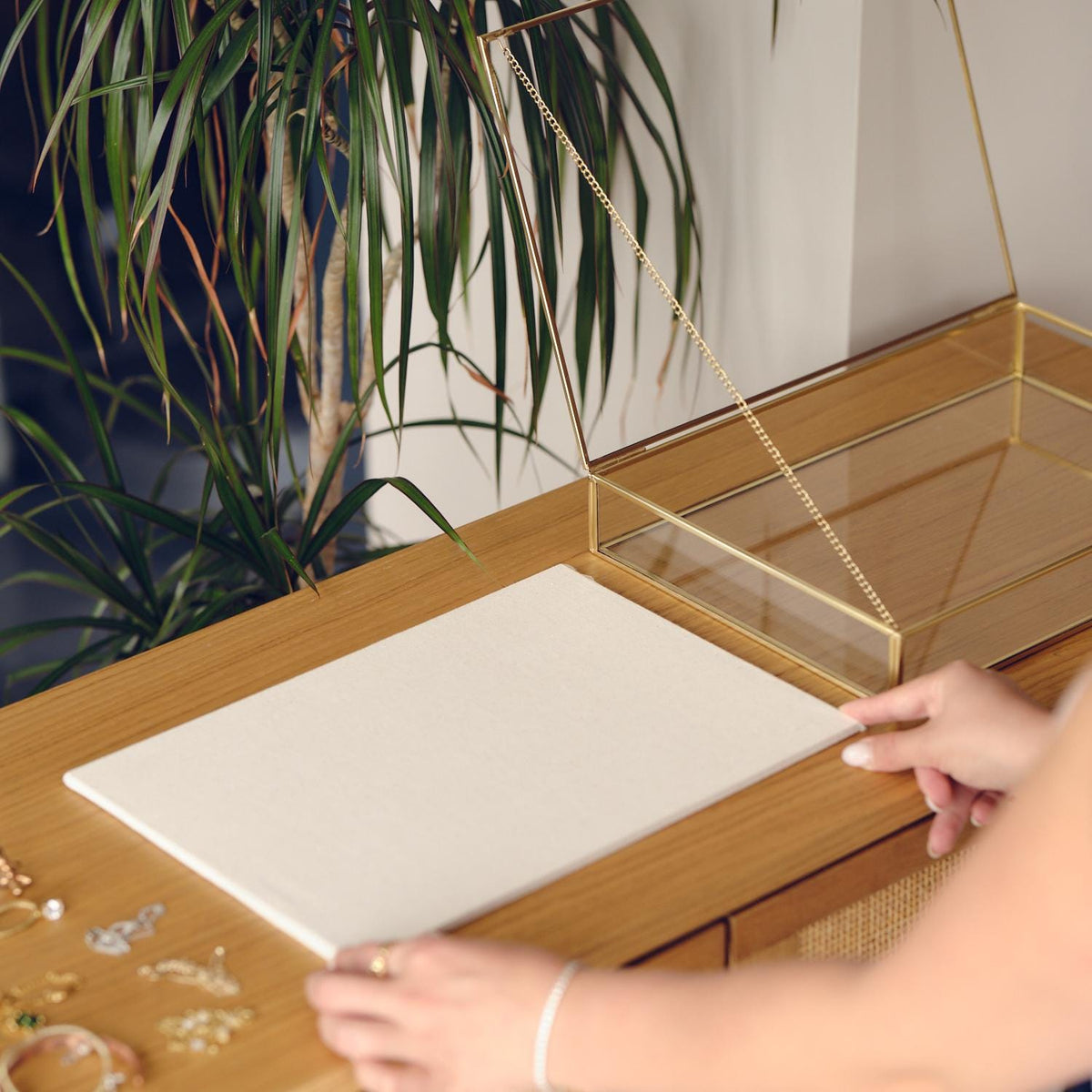 Elegant JEWELRY DISPLAY SHOWCASE Box – Unique Handmade Gold Brass Display Case - Minimalist Linen Based Jewelry Organizer Or Box For Gift