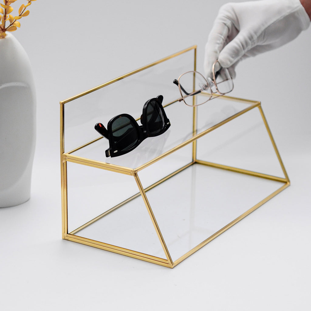 Pen Holder Makeup Jewelry Organizer Box Accessories Gold Brass Glass Wedding Keepsake Geometric Reception 12x7x6" Christmas Gift