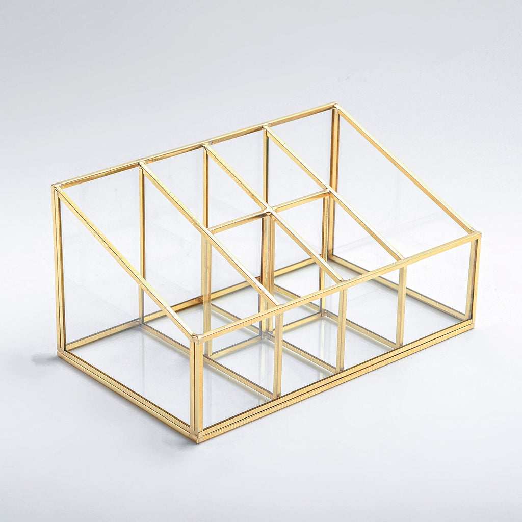 Pen Holder Makeup Jewelry Organizer Box Accessories Gold Brass Glass Wedding Keepsake Geometric Reception 10x6x5" Christmas Gift